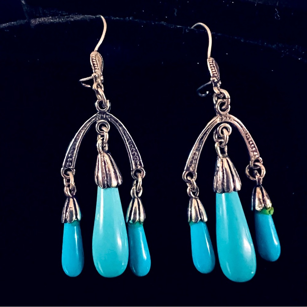STERLING SILVER CHANDELIER STYLE EARRINGS WITH TURQUOISE-COLORED BEADS